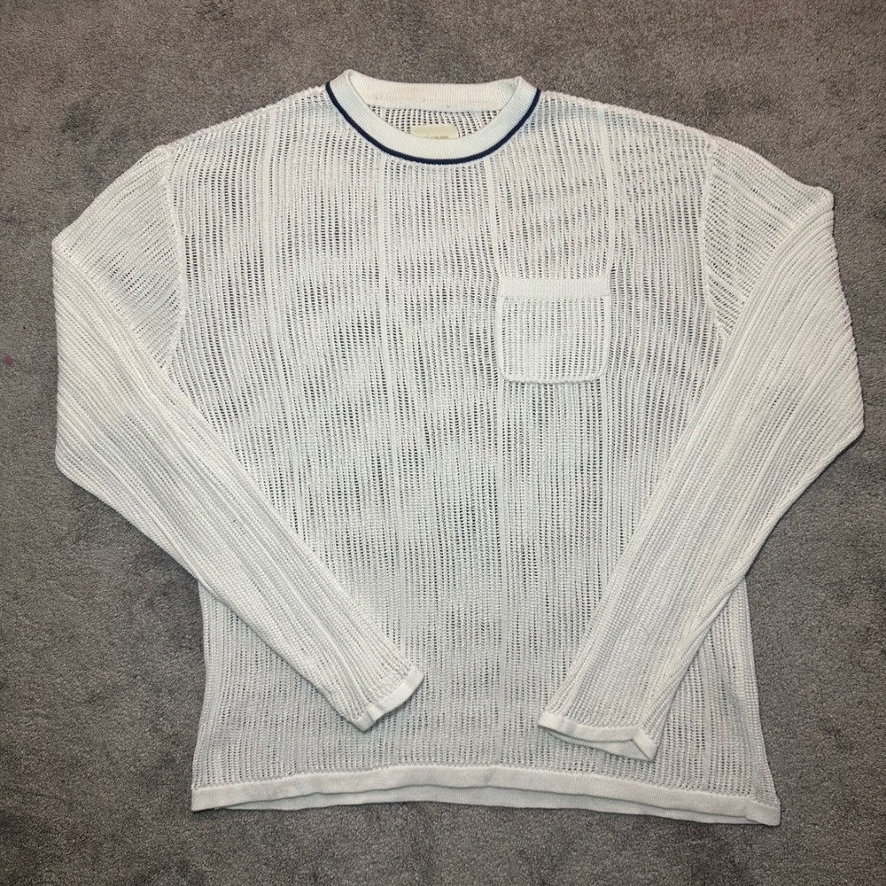 Aime Leon Dore Knit Sweater Men XL White Mesh Long Sleeve Pocket Crew Neck